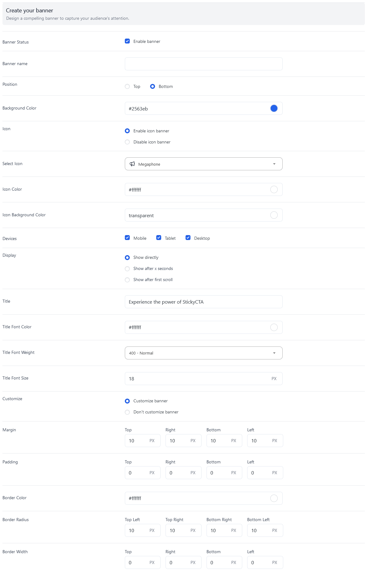 create your banner sticky CTA